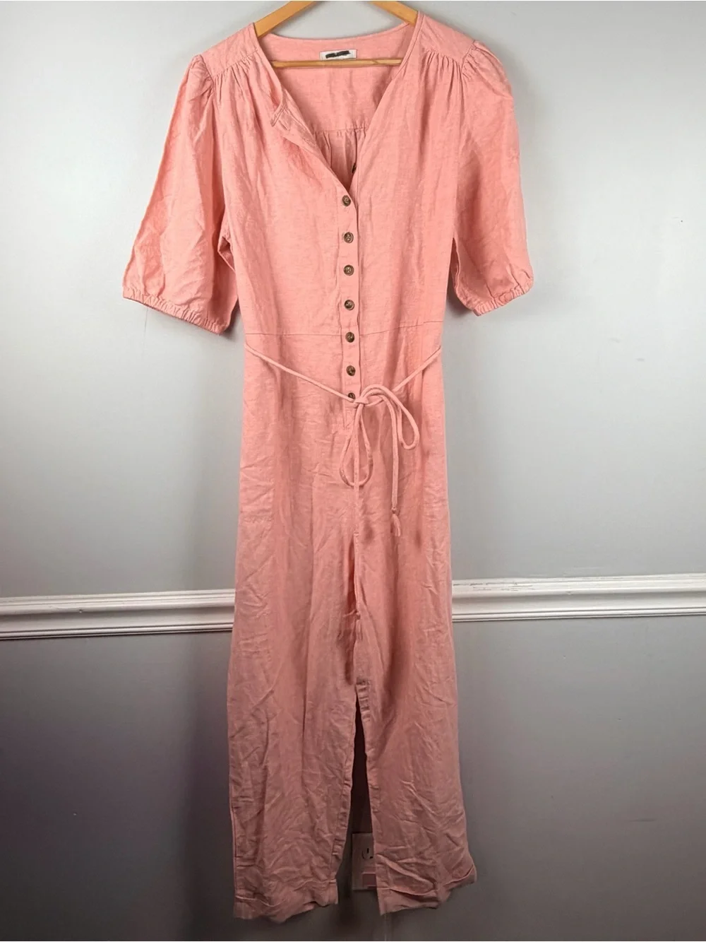 Madewell pink Linen-Blend Puff-Sleeve Tassel-Tie Jumpsuit XL